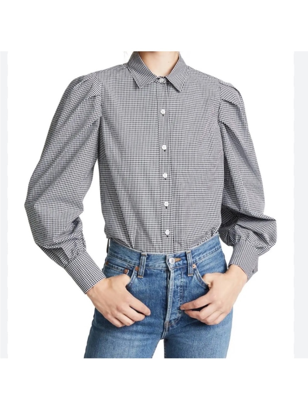Frame Checked Puff-Sleeve Button-Front Shirt - Black & White